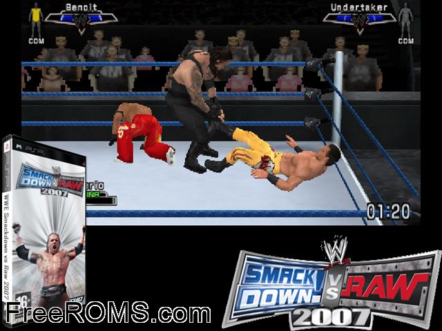 WWE SmackDown vs RAW 2007 Europe PSP game showing 3D box cover and gameplay screenshot