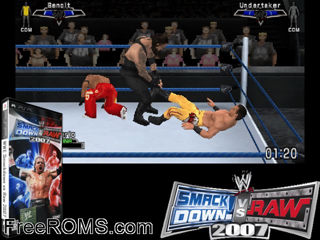 WWE SmackDown vs RAW 2007 Japan PSP game showing 3D box cover and gameplay screenshot