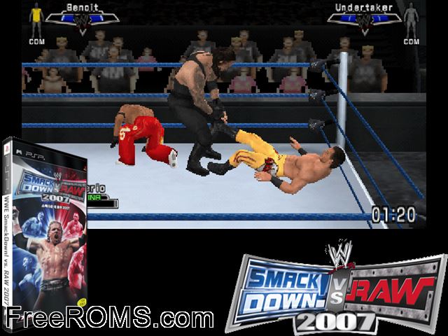 WWE SmackDown vs RAW 2007 Korea PSP game showing 3D box cover and gameplay screenshot