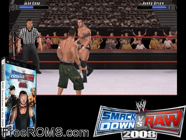 WWE SmackDown vs RAW 2008 featuring ECW PSP game showing 3D box cover and gameplay screenshot