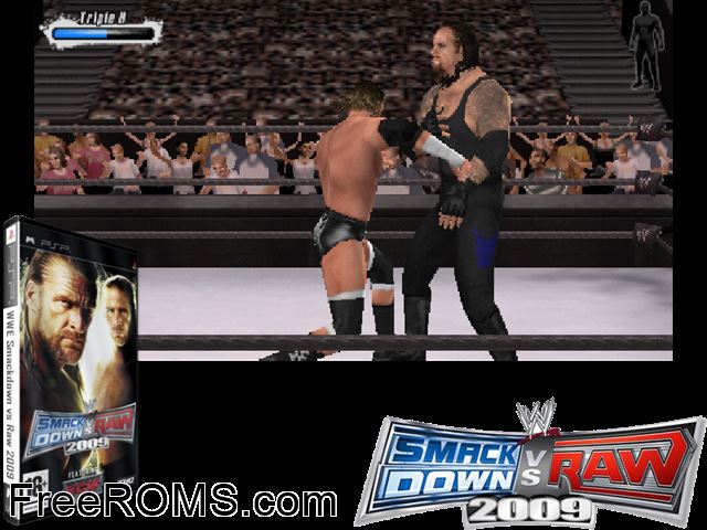 WWE SmackDown vs RAW 2009 featuring ECW Europe (M5) PSP game showing 3D box cover and gameplay screenshot