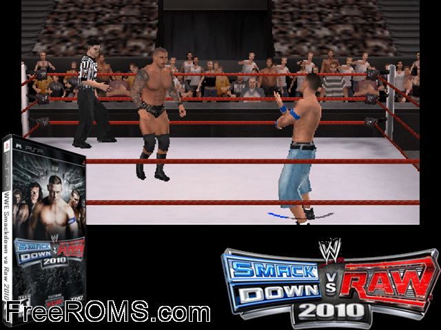 WWE Smackdown vs Raw 2010 PSP game showing 3D box cover and gameplay screenshot