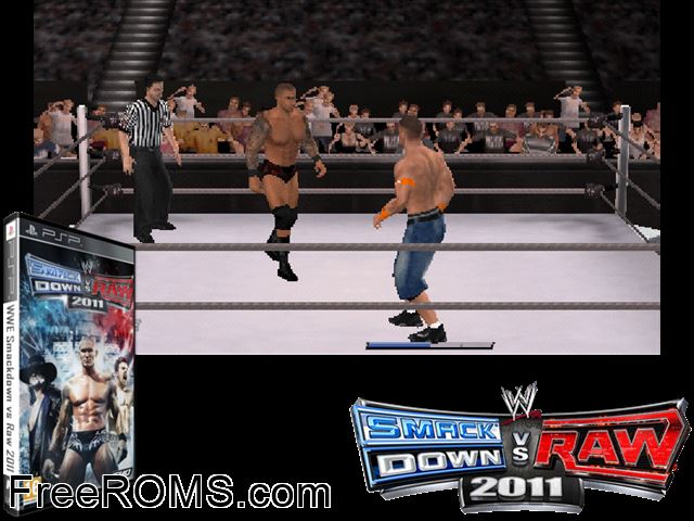 WWE SmackDown vs RAW 2011 PSP game showing 3D box cover and gameplay screenshot