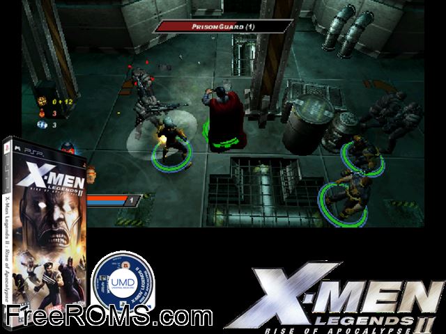 X-Men Legends II - Rise of Apocalypse PSP game showing 3D box cover and gameplay screenshot