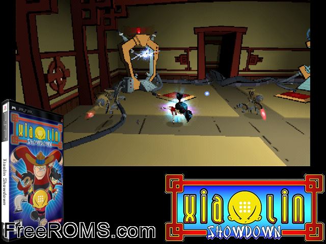 Xiaolin Showdown PSP game showing 3D box cover and gameplay screenshot