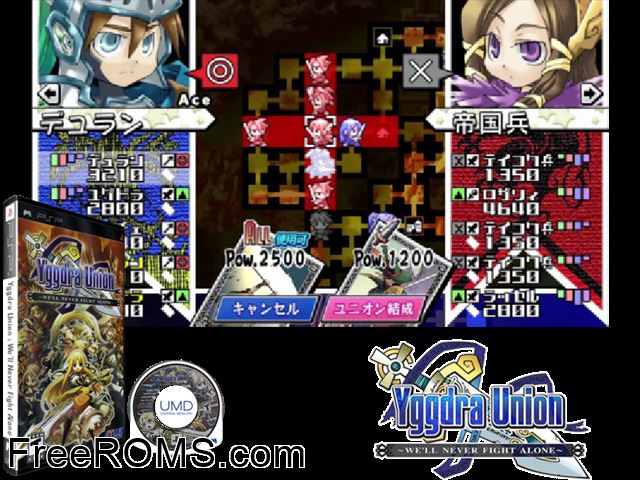 Yggdra Union PSP game showing 3D box cover and gameplay screenshot