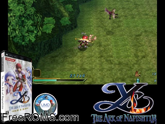 Ys - Napishtim no Kou Japan PSP game showing 3D box cover and gameplay screenshot