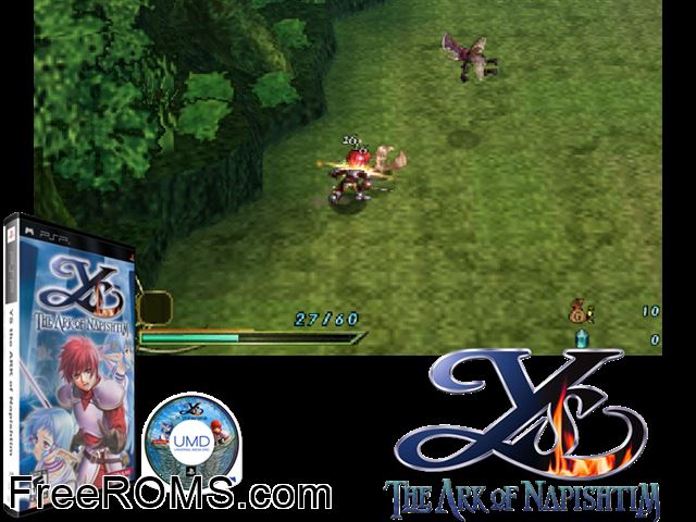 YS - The Ark of Napishtim PSP game showing 3D box cover and gameplay screenshot