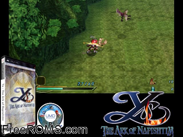 Ys - The Ark of Napishtim Europe (M5) PSP game showing 3D box cover and gameplay screenshot