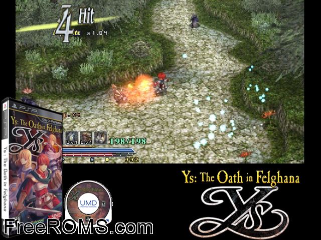 YS - The Oath in Felghana PSP game showing 3D box cover and gameplay screenshot