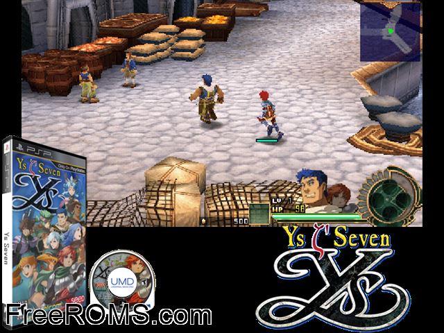 YS Seven PSP game showing 3D box cover and gameplay screenshot