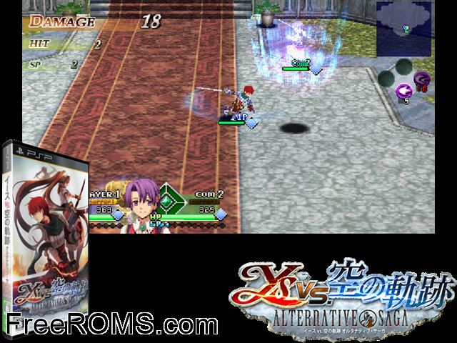 Ys vs Sora no Kiseki - Alternative Saga Japan PSP game showing 3D box cover and gameplay screenshot