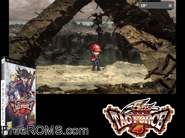 Yu-Gi-Oh! 5D's Tag Force 4 (Europe) PSP game showing 3D box cover and gameplay screenshot