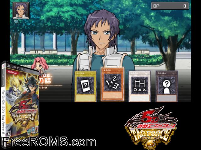 Yu-Gi-Oh! 5D's Tag Force 6 (Japan) PSP game showing 3D box cover and gameplay screenshot