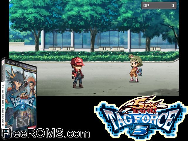 Yu-Gi-Oh 5Ds Tag Force 5 Europe (M5) PSP game showing 3D box cover and gameplay screenshot