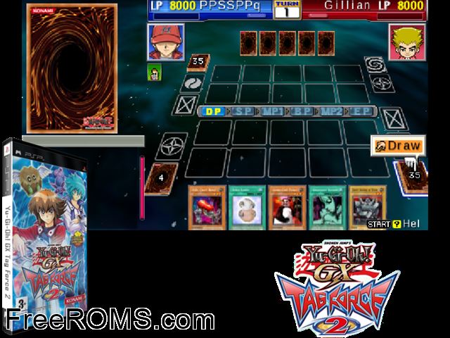 Yu-Gi-Oh GX Tag Force 2 (v2) Europe (M5) PSP game showing 3D box cover and gameplay screenshot