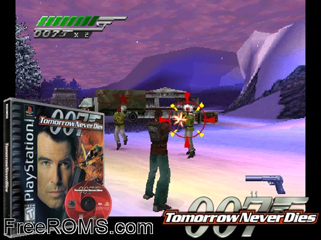 007 - Tomorrow Never Dies PSX game showing 3D box cover and gameplay screenshot