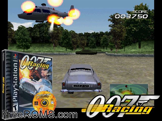 007 Racing PSX game showing 3D box cover and gameplay screenshot