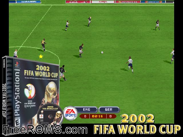 2002 FIFA World Cup (En,Es) PSX game showing 3D box cover and gameplay screenshot