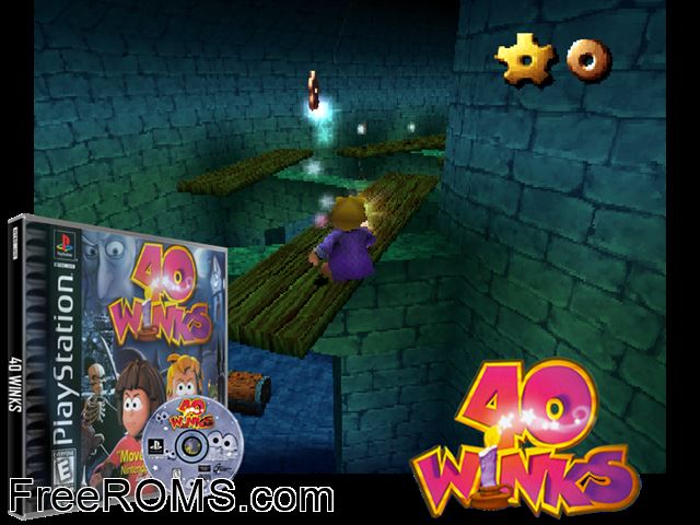 40 Winks PSX game showing 3D box cover and gameplay screenshot