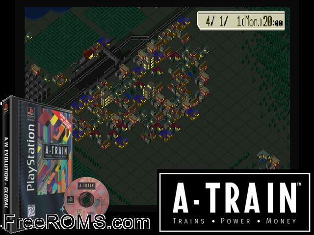 A-Train PSX game showing 3D box cover and gameplay screenshot