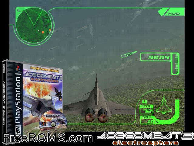 Ace Combat 3 - Electrosphere PSX game showing 3D box cover and gameplay screenshot