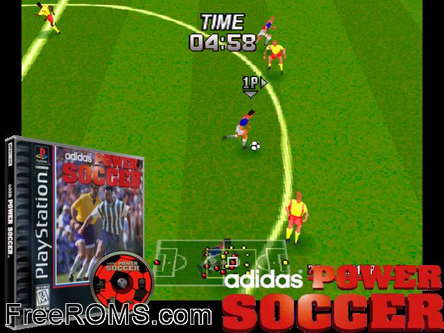 Adidas Power Soccer PSX game showing 3D box cover and gameplay screenshot