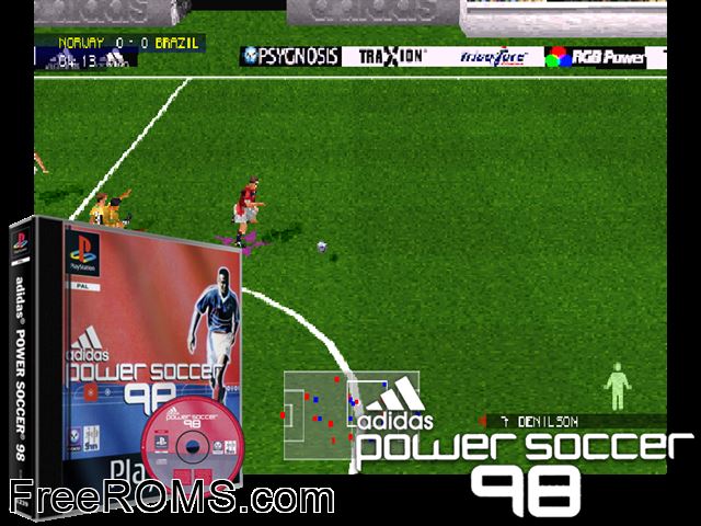 Adidas Power Soccer 98 PSX game showing 3D box cover and gameplay screenshot