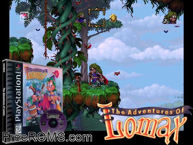 Adventures of Lomax PSX game showing 3D box cover and gameplay screenshot