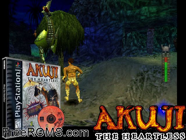 Akuji The Heartless PSX game showing 3D box cover and gameplay screenshot