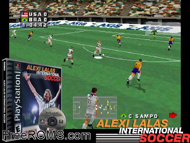 Alexi Lalas International Soccer PSX game showing 3D box cover and gameplay screenshot