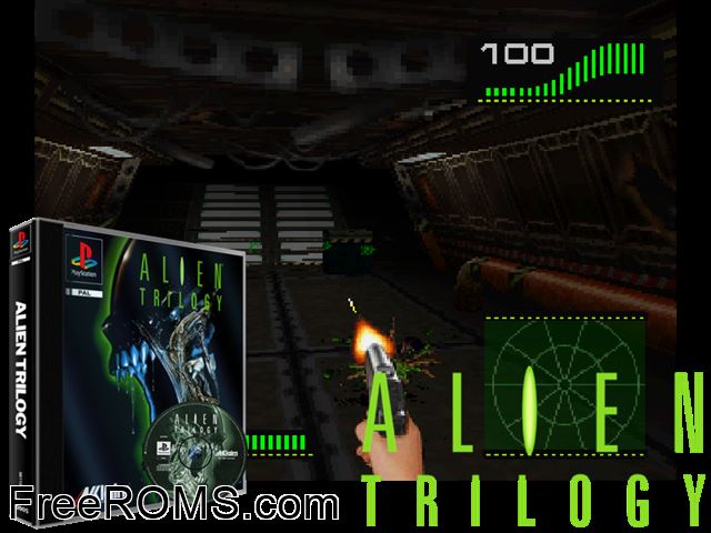 Alien Trilogy PSX game showing 3D box cover and gameplay screenshot
