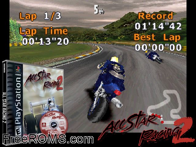 All-Star Racing 2 PSX game showing 3D box cover and gameplay screenshot