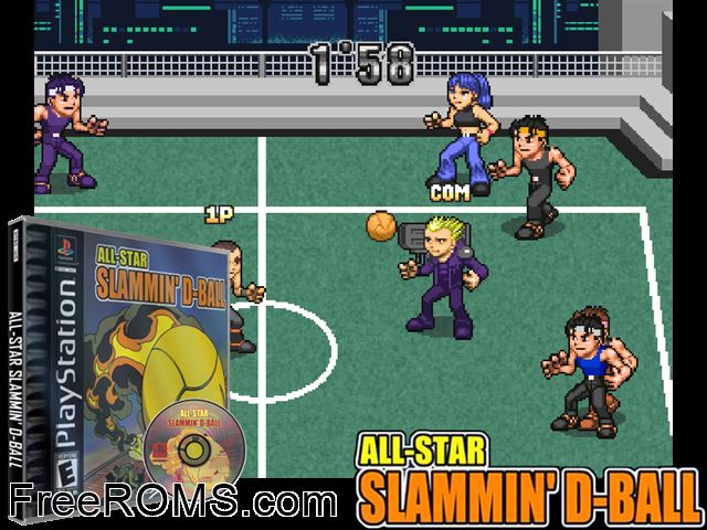 All-Star Slammin D-Ball PSX game showing 3D box cover and gameplay screenshot
