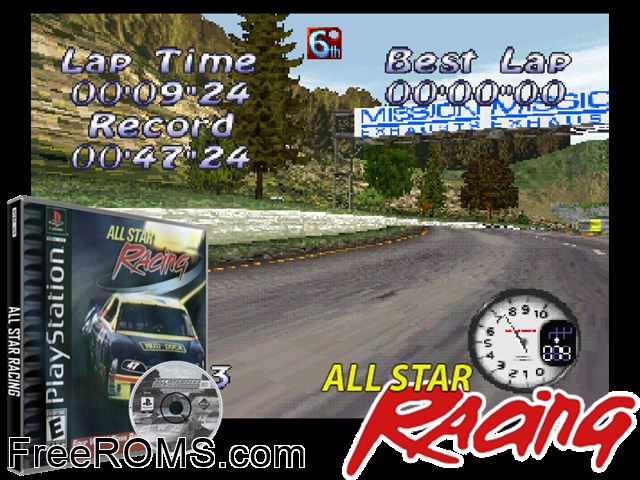 All Star Racing PSX game showing 3D box cover and gameplay screenshot