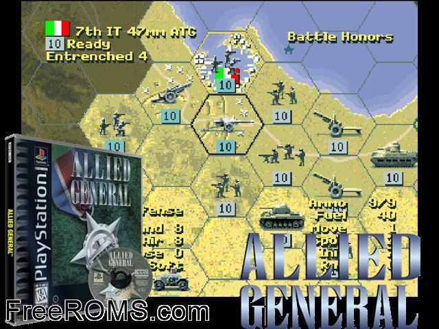 Allied General PSX game showing 3D box cover and gameplay screenshot