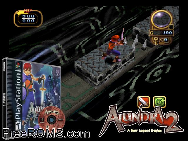 Alundra 2 - A New Legend Begins PSX game showing 3D box cover and gameplay screenshot
