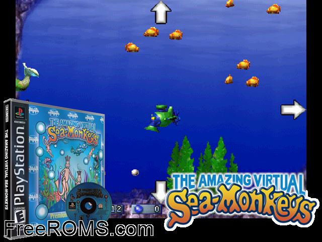 Amazing Virtual Sea Monkeys PSX game showing 3D box cover and gameplay screenshot