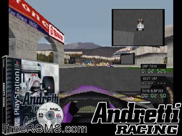 Andretti Racing PSX game showing 3D box cover and gameplay screenshot