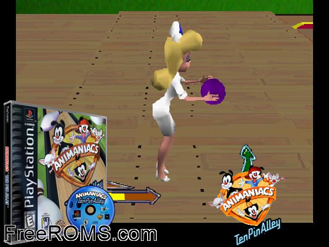 Animaniacs - Ten Pin Alley 2 PSX game showing 3D box cover and gameplay screenshot