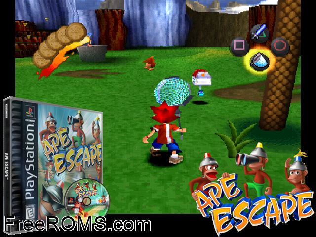 Ape Escape PSX game showing 3D box cover and gameplay screenshot
