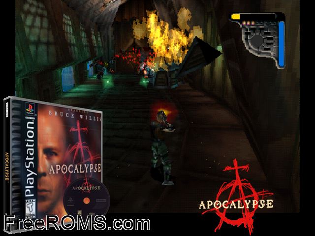 Apocalypse PSX game showing 3D box cover and gameplay screenshot