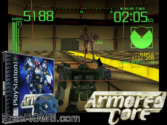 Armored Core (v1.0) PSX game showing 3D box cover and gameplay screenshot