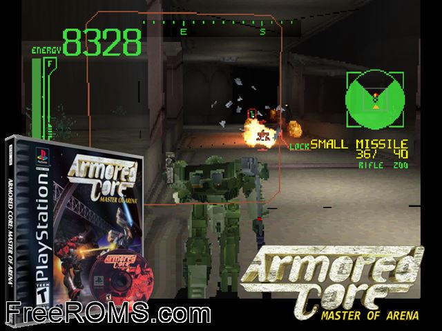 Armored Core - Master Of Arena (Disc 1) PSX game showing 3D box cover and gameplay screenshot