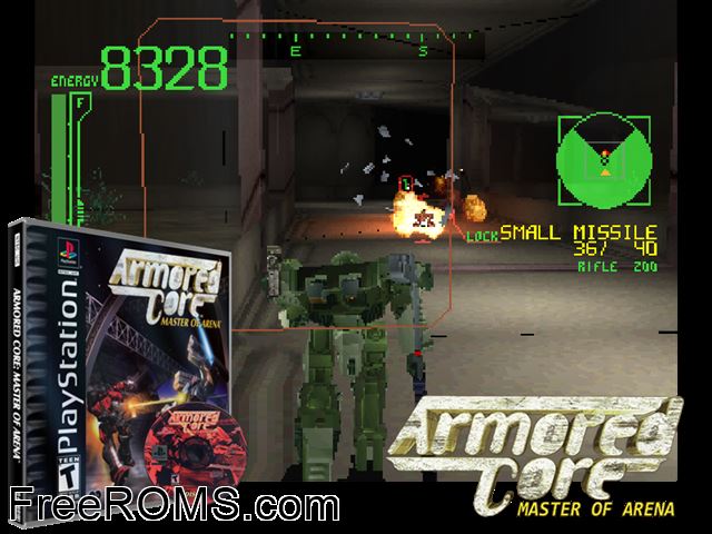 Armored Core - Master Of Arena (Disc 2) PSX game showing 3D box cover and gameplay screenshot