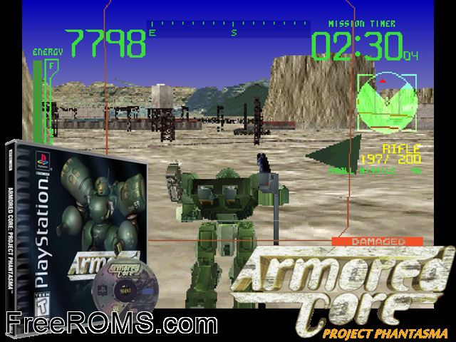 Armored Core - Project Phantasma PSX game showing 3D box cover and gameplay screenshot