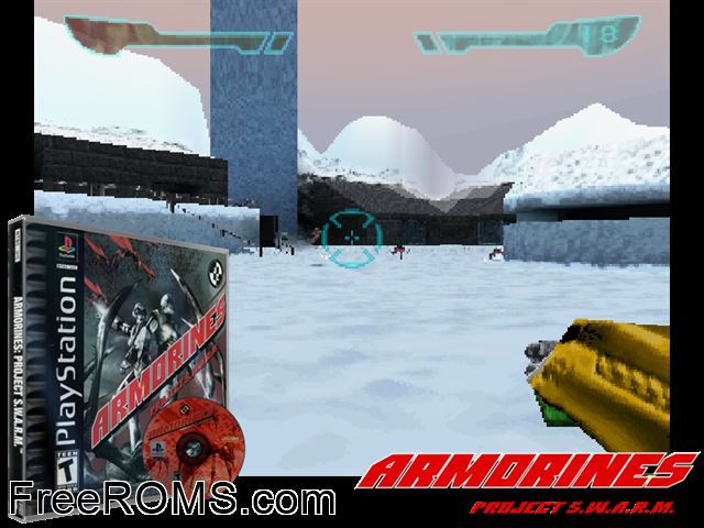 Armorines - Project S.W.A.R.M. PSX game showing 3D box cover and gameplay screenshot