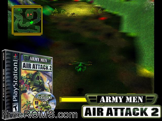Army Men - Air Attack 2 PSX game showing 3D box cover and gameplay screenshot