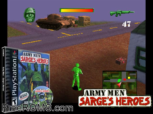 Army Men - Sarges Heroes PSX game showing 3D box cover and gameplay screenshot