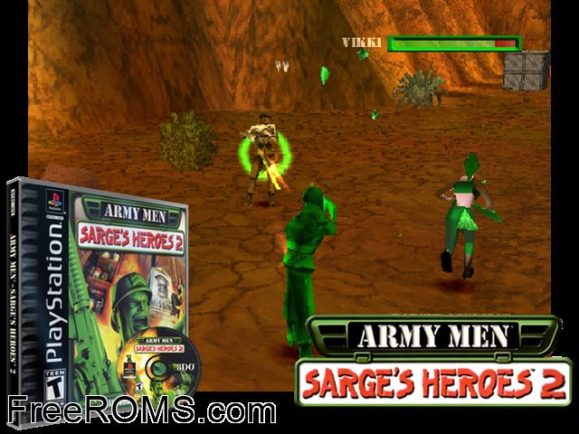 Army Men - Sarges Heroes 2 PSX game showing 3D box cover and gameplay screenshot